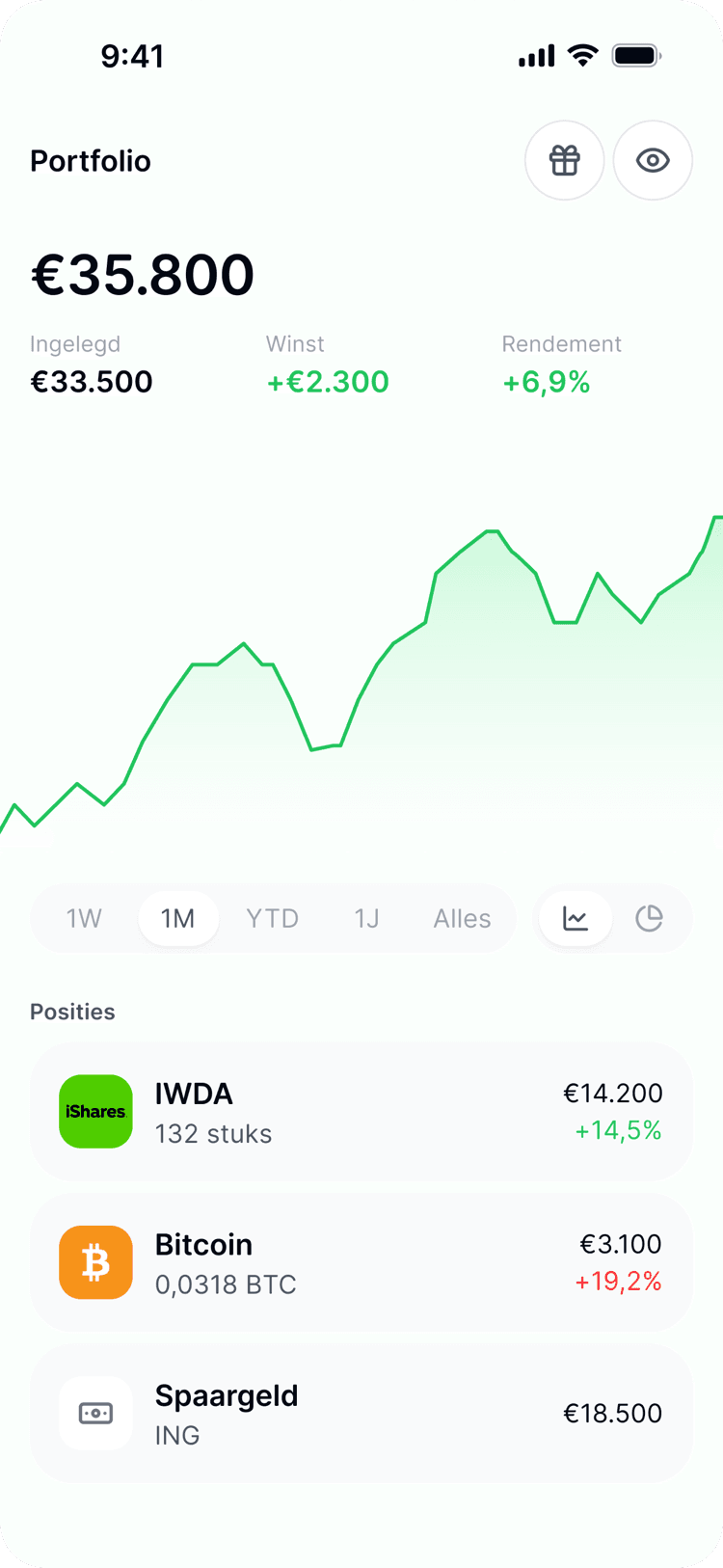 Stella op iPhone: je beleggingen met inleg, winst en rendement onder elkaar.
